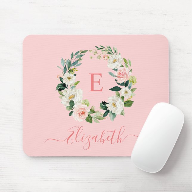 Elegantes Watercolor Rosa Weißes Floral Monogramm Mousepad (Mit Mouse)