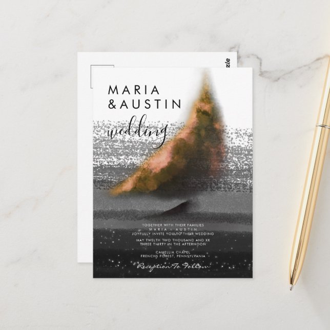 Elegantes Watercolor Sea Segelboot Schwarze Hochze Postkarte (Vorderseite/Rückseite Beispiel)