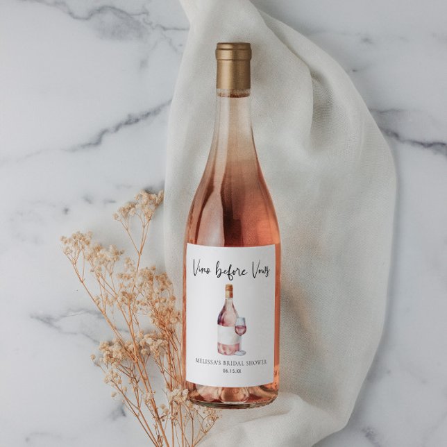 Elegantes Watercolor Vino Vor Vows Brautparty Weinetikett (Von Creator hochgeladen)