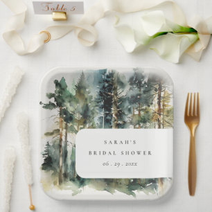 Elegantes Watercolor Wald Forest Brautparty Pappteller