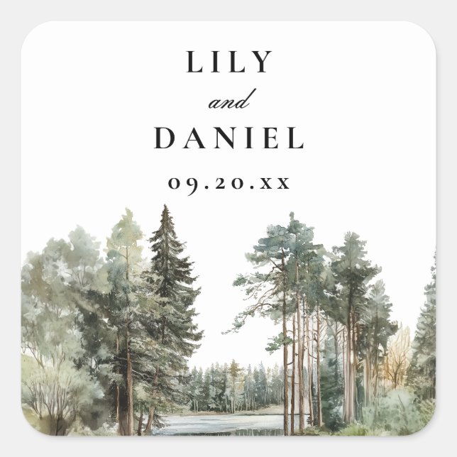 Elegantes Watercolor Wald-Hochzeit Quadratischer Aufkleber (Vorderseite)