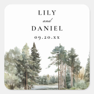 Elegantes Watercolor Wald-Hochzeit Quadratischer Aufkleber
