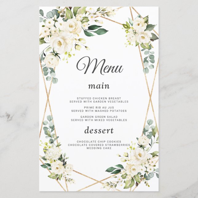 Elegantes Watercolor White Blume Gold Wedding Menu