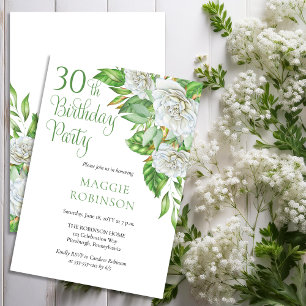 Elegantes Watercolor White Roses 30. Geburtstag Pa Einladung