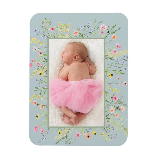 Elegantes Watercolor Wildblume Frame Foto Magnet (Vertikal)