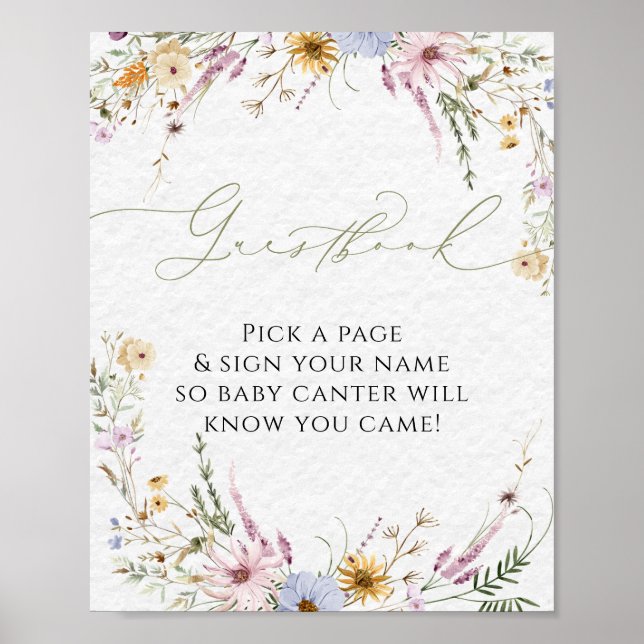 Elegantes Watercolor Wildblumen Gästebuchplakat Poster (Vorne)
