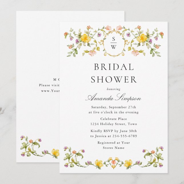 Elegantes Watercolor Wilde Blume Brautparty Einladung (Vorne/Hinten)