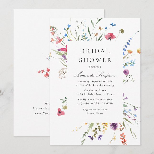 Elegantes Watercolor Wilde Blume Brautparty Einladung (Vorne/Hinten)