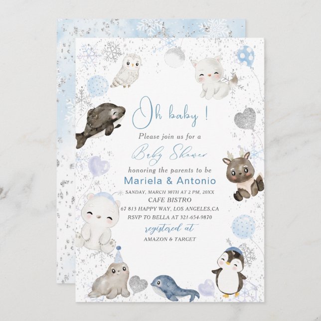 Elegantes Watercolor Winter arktische Tiere Baby S Einladung (Vorne/Hinten)
