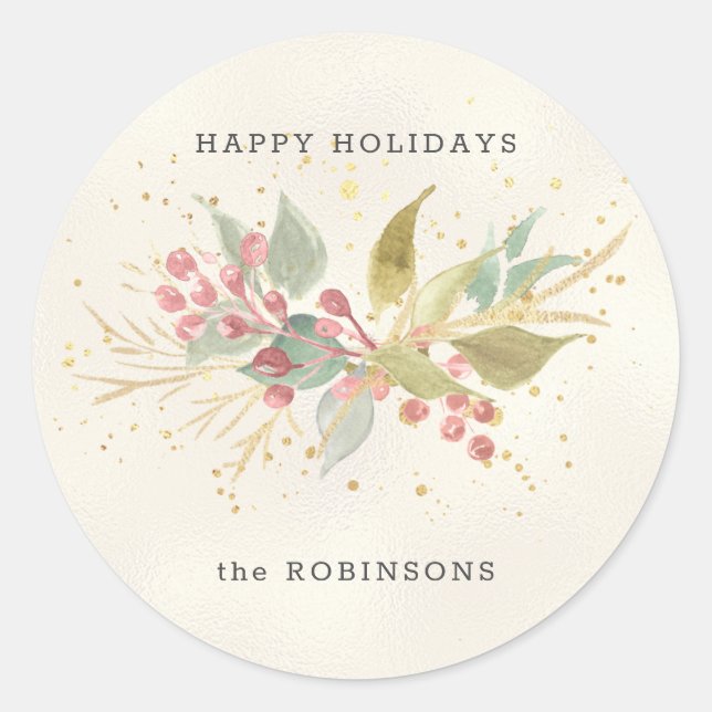 Elegantes Watercolor Winter Berries & Grüne Runder Aufkleber (Vorderseite)