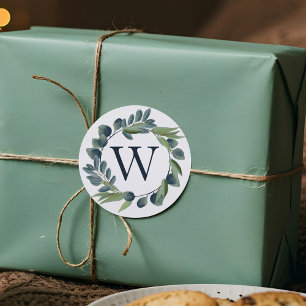 Elegantes Watercolor Winter Foliage Wreath Monogra Runder Aufkleber