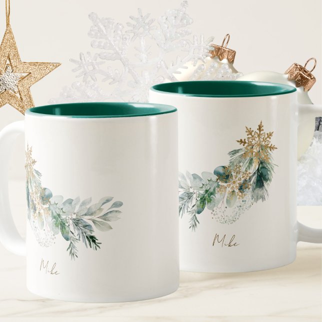 Elegantes Watercolor Winter Green Foliage Weihnach Zweifarbige Tasse (Von Creator hochgeladen)