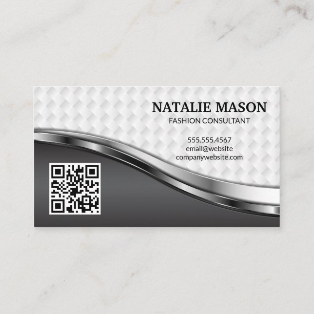 Elegantes Weave Muster | Silver Metallic | QR-Code Visitenkarte (Rückseite)