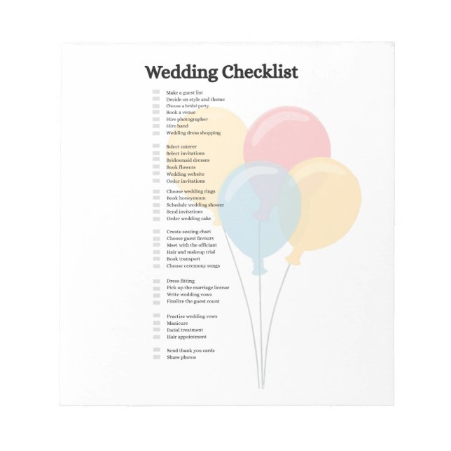 Elegantes Wedding Checklist Notepad Notizblock (Vorderseite)