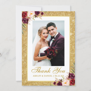 Elegantes Wedding Foto Gold Glitzer Burgundy Flora Dankeskarte
