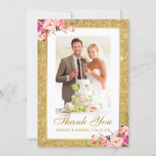 Elegantes Wedding Foto Gold Glitzer Rosa Blütenfar Dankeskarte