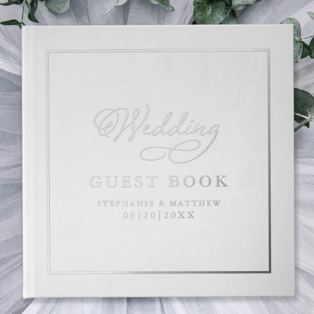 Elegantes Wedding Foto Silver Calligraphy Chic Rea Gästebuch (Von Creator hochgeladen)