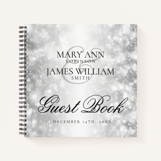 Elegantes Wedding Gästebuch Silver Shimmer Lights Notizbuch (Vorderseite)