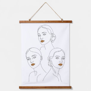 Elegantes weibliches Linienkunst-Trio, minimalisti Wandteppich Mit Holzrahmen