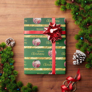 Elegantes Weihnachten Grün & Gold Streifen Baby-Fo Geschenkpapier