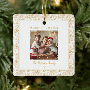 Elegantes Weihnachten Weiß Faux Gold Foto Keramikornament