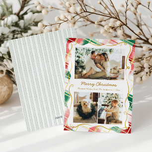 Elegantes Weihnachts 3 Foto Rotes Grün Kariertes M Feiertagskarte