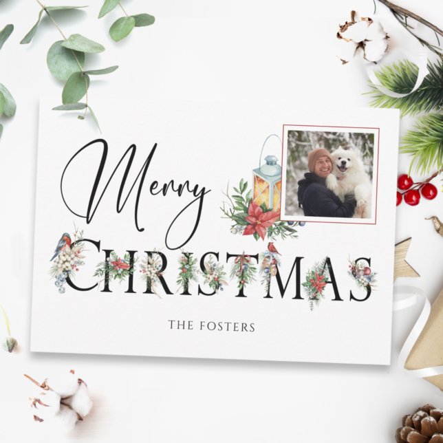 Elegantes Weihnachts-Botanisches Typografie-Foto Dreifach Gefaltete Urlaubskarte (Von Creator hochgeladen)