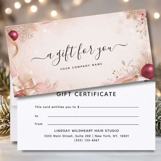 Elegantes Weihnachts-Geschäfts-Geschenkgutschein (Elegant Christmas Blush Pink Red Gold Business Gift Certificate)