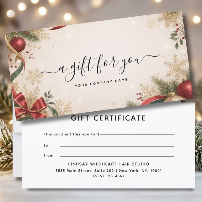Elegantes Weihnachts-Geschäfts-Geschenkgutschein (Elegant Christmas Business Beige Green Red Gold Gift Certificate)