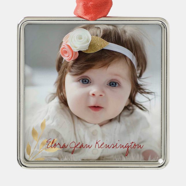 Elegantes Weihnachts-Gold-Blätter Foto Ornament Aus Metall (Vorne)