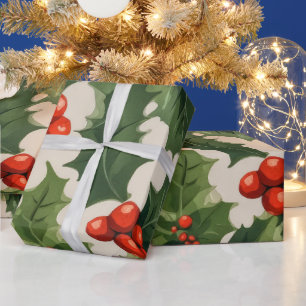 Elegantes Weihnachts-Holly-Blätter und Berries-Ges Geschenkpapier