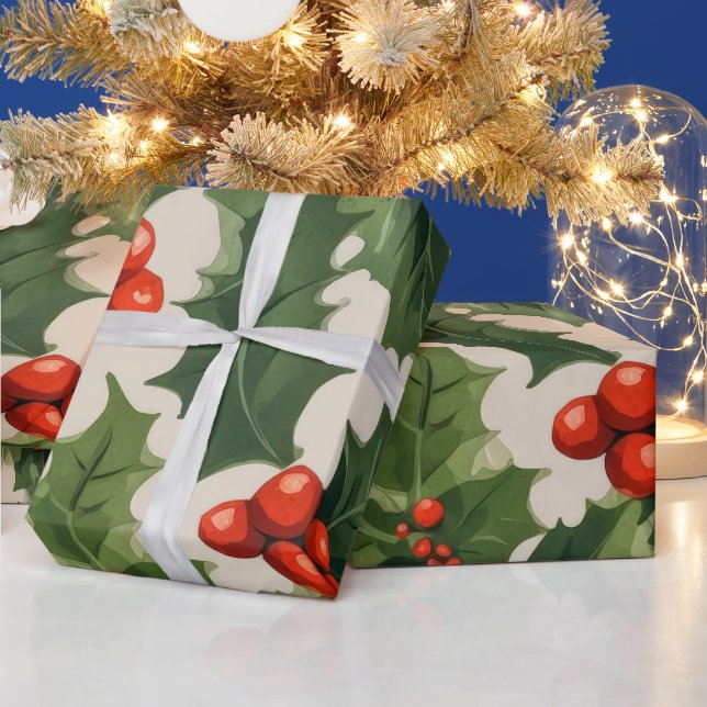Elegantes Weihnachts-Holly-Blätter und Berries-Ges Geschenkpapier (Feiertage)