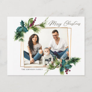 Elegantes Weihnachts Holly Pine Frame Foto Gruß Postkarte