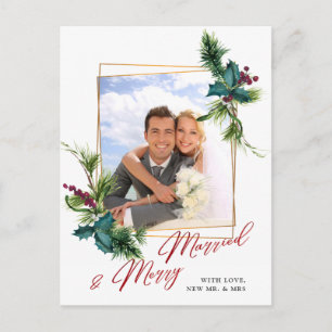 Elegantes Weihnachts Holly Pine Frame Foto Gruß Postkarte