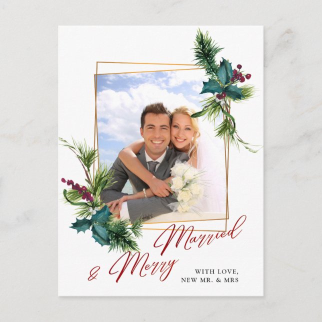 Elegantes Weihnachts Holly Pine Frame Foto Gruß Postkarte (Vorderseite)