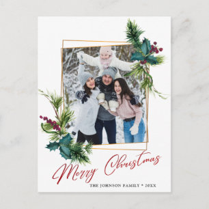 Elegantes Weihnachts Holly Pine Frame Foto Gruß Postkarte