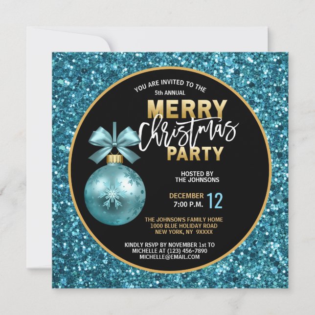 Elegantes Weihnachts-PARTY Black Gold Blue Glitzer Einladung (Vorderseite)