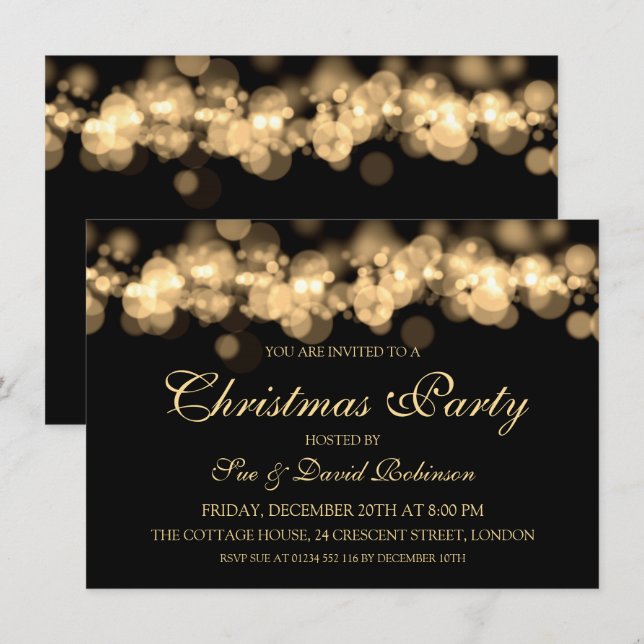 Elegantes Weihnachts-Party Gold Bokeh Lights Einladung (Vorne/Hinten)