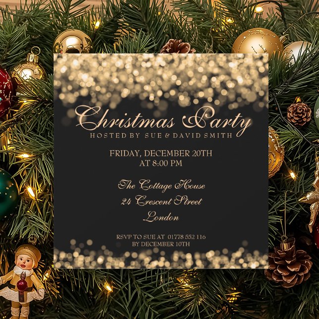 Elegantes Weihnachts-Party Gold schimmernde Lichte Einladung (Elegant Christmas Party Gold Shimmering Lights Invitation)