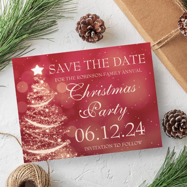 Elegantes Weihnachts-Party Save the Date Ankündigungspostkarte (Elegant Red Christmas Party Save The Date Announcement Postcard)