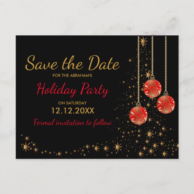 Elegantes Weihnachts-Party Save the Date Ankündigungspostkarte (Vorderseite)