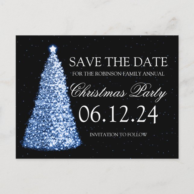 Elegantes Weihnachts-Party Save the Date Blau & Sc Ankündigungspostkarte (Vorderseite)