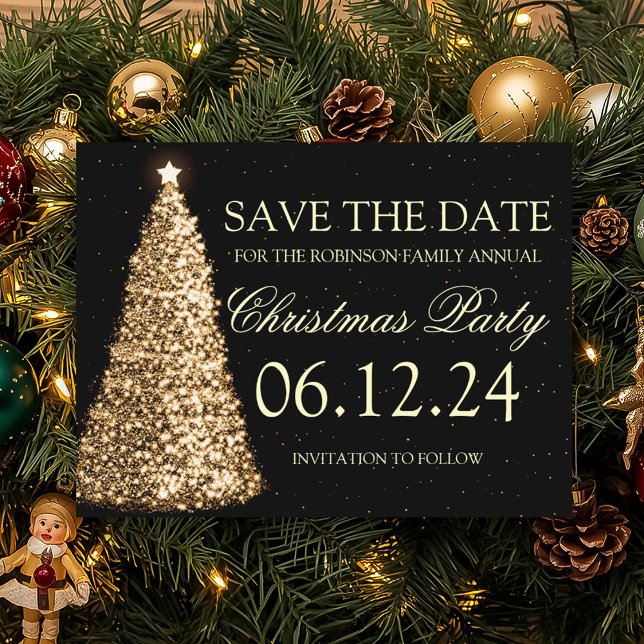 Elegantes Weihnachts-Party Save the Date Gold Blac Ankündigungspostkarte (Elegant Christmas Party Save The Date Gold Black Announcement Postcard)