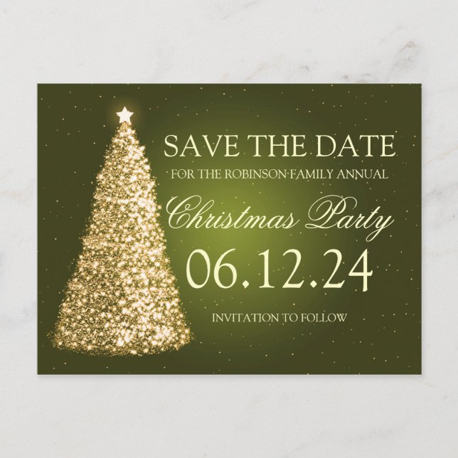 Elegantes Weihnachts-Party Save the Date Gold Gree Ankündigungspostkarte (Vorderseite)