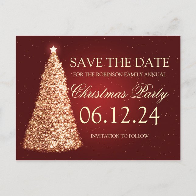 Elegantes Weihnachts-Party Save the Date Gold Red Ankündigungspostkarte (Vorderseite)