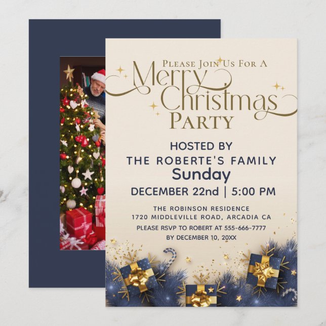 Elegantes Weihnachts-PARTY Schwarz-Gold-Blau-Glitz Einladung (Vorne/Hinten)