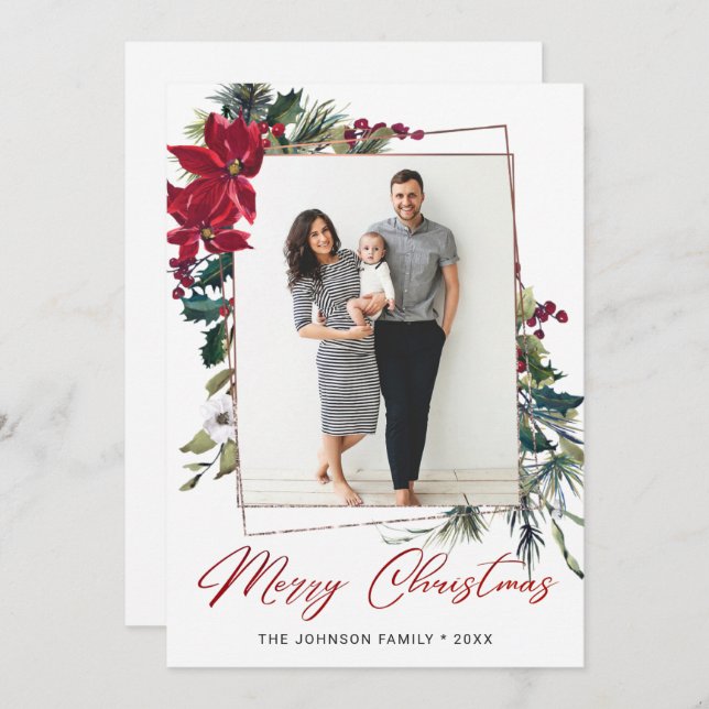 Elegantes Weihnachts-Poinsettia Foto Gruß Feiertagskarte (Vorne/Hinten)