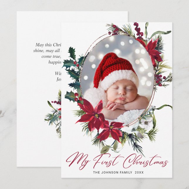 Elegantes Weihnachts-Poinsettia Foto Gruß Feiertagskarte (Vorne/Hinten)