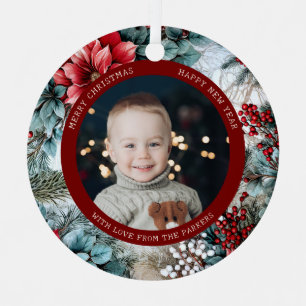 Elegantes Weihnachts-Poinsettias und Holly-Foto Ornament Aus Metall