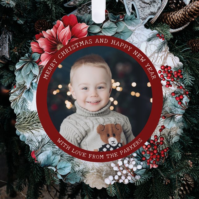 Elegantes Weihnachts-Poinsettias und Holly-Foto Ornament Karte (Von Creator hochgeladen)